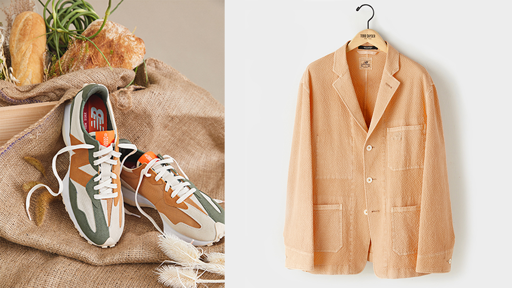 The Farmers Market edition 327 sneaker in "wheat" ($130) and Snyder's new Market jacket ($398).