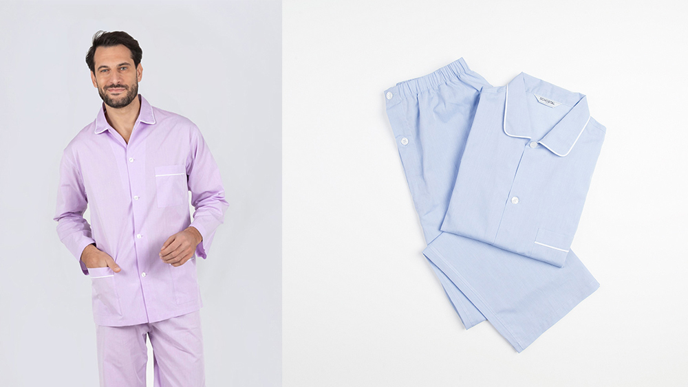 Schostal's zephyr cotton pajamas in lilac and sky blue.